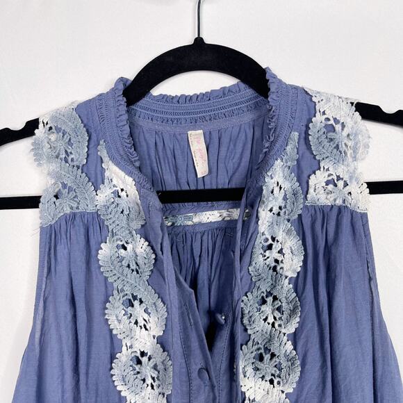 Free People Crochet Tank Top Flutter Open Back Button Front Blue Small S Cotton - Picture 3 of 12
